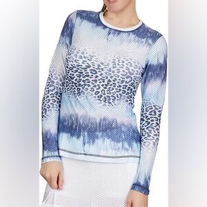 Sofibella Sporty Long Sleeve Shirt Blue White Leopard Print Top XS